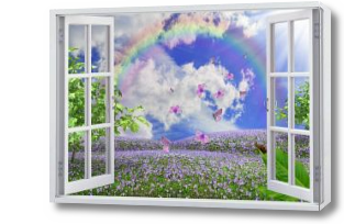 Картина Распахнутое окно в поле с радугой