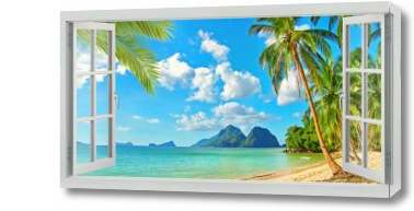 Картина Открытое окно на пляж с пальмами